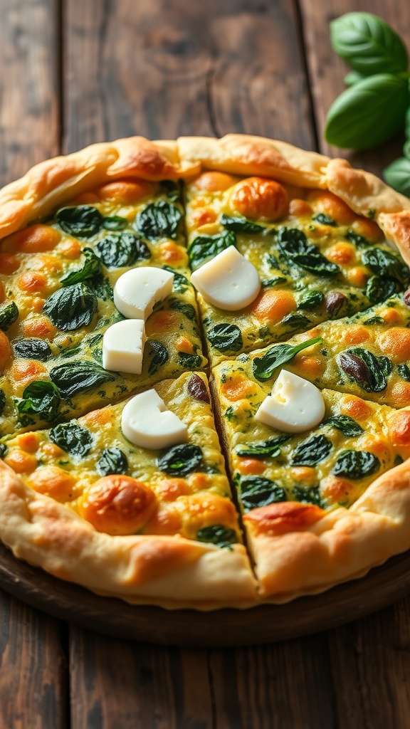 A slice of spinach and goat cheese quiche on a rustic table, showcasing a flaky crust and vibrant green filling.